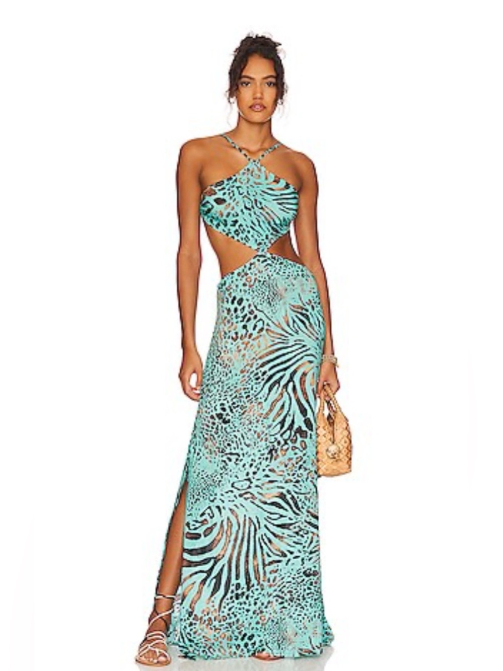 Luli Fama Turquoise Animal-Print Cutout Maxi Dress